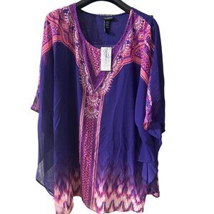 Catherine's 2X Purple & Pink Beaded V-Neck Poncho-Style Blouse